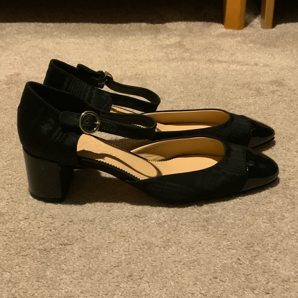 J Crew Millie Ankle Strap Heels Size 10 Black Moire Italian Leather